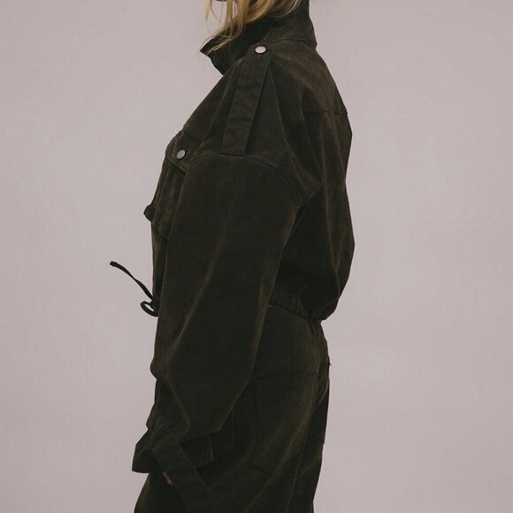 Army Green Casual Women's Velvet Denim Drawstring Cargo Jacket - Picture 5 of 9